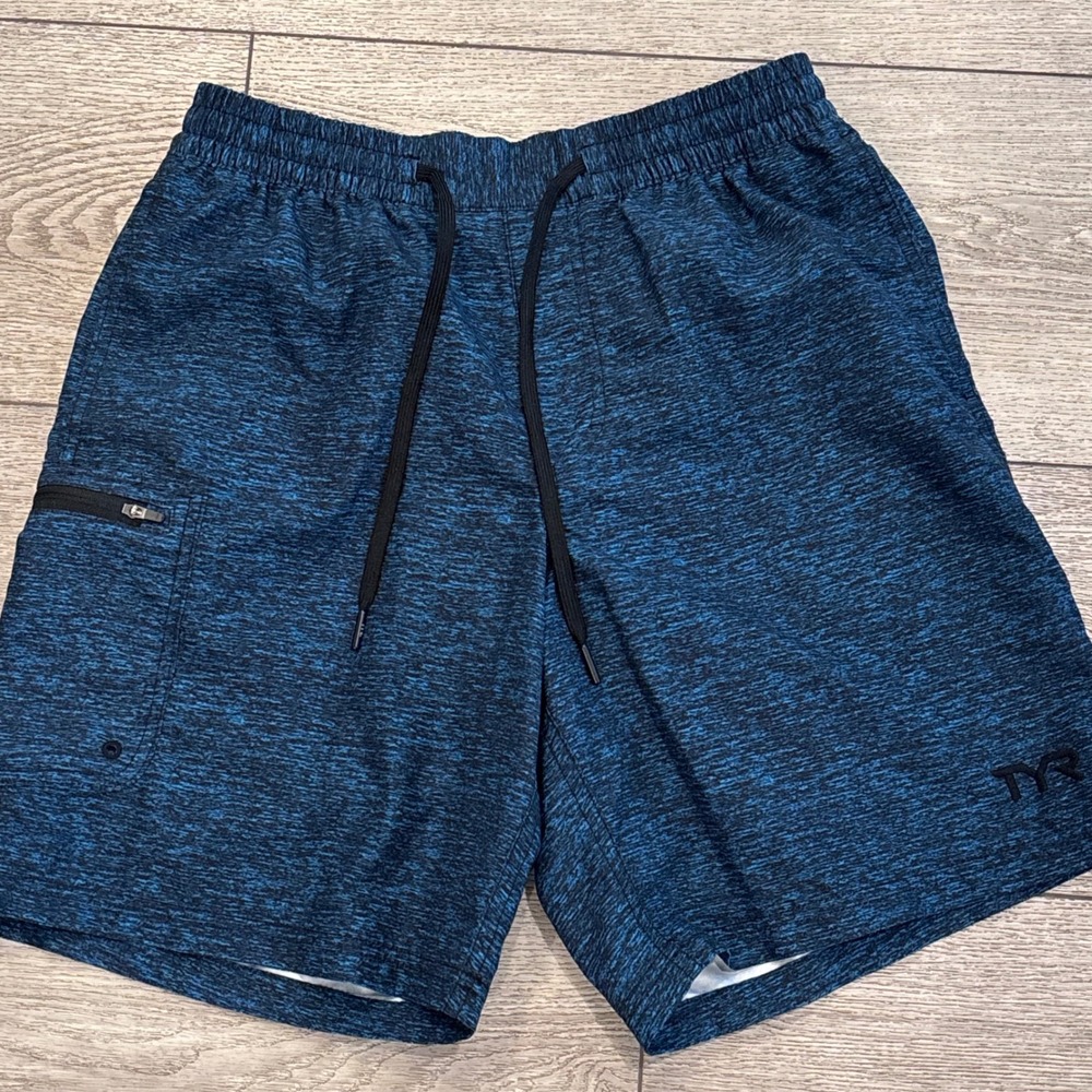TYR Athletic Training Shorts Mens Small Blue Space Dye Lined Zipper‎ Pocket Gym